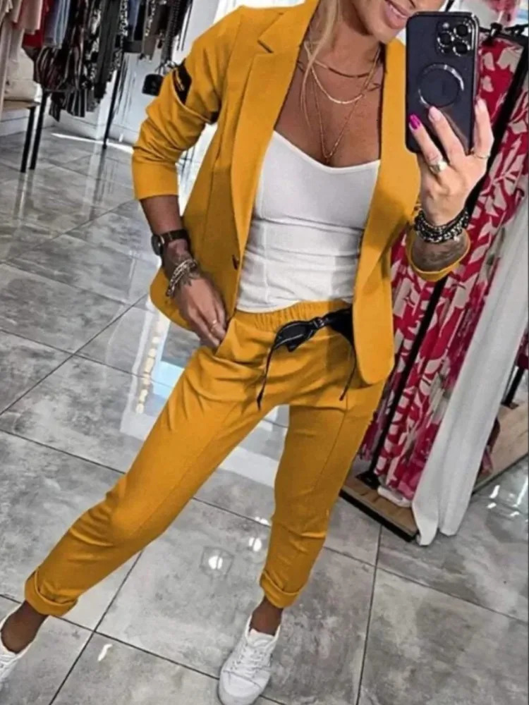Casual Solid Slim Fit Blazer Twopiece Sets Autumn And Winter Women Fashion Button Cardigan Jacket Pencil Pants 2pcs Suit 250122