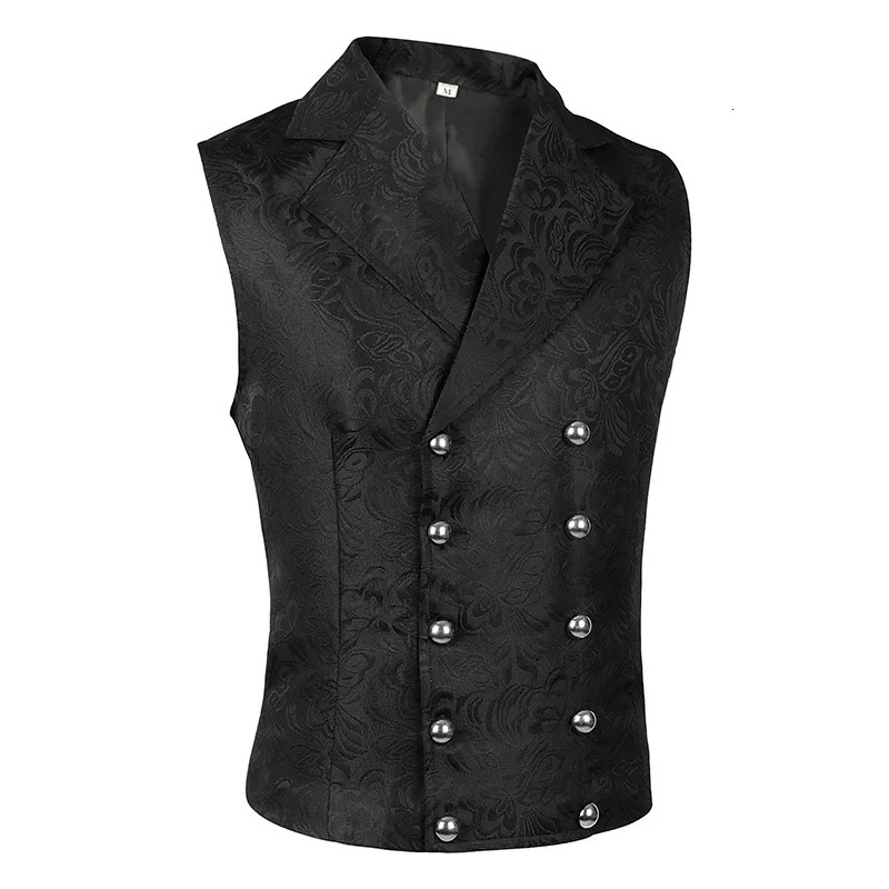 Blazer Vest Double Breasted Gothic Punk Men Formal Suits Jacquard Short Waistcoat Costume Sleeveless Coat Lapel Collar For Adult 250108