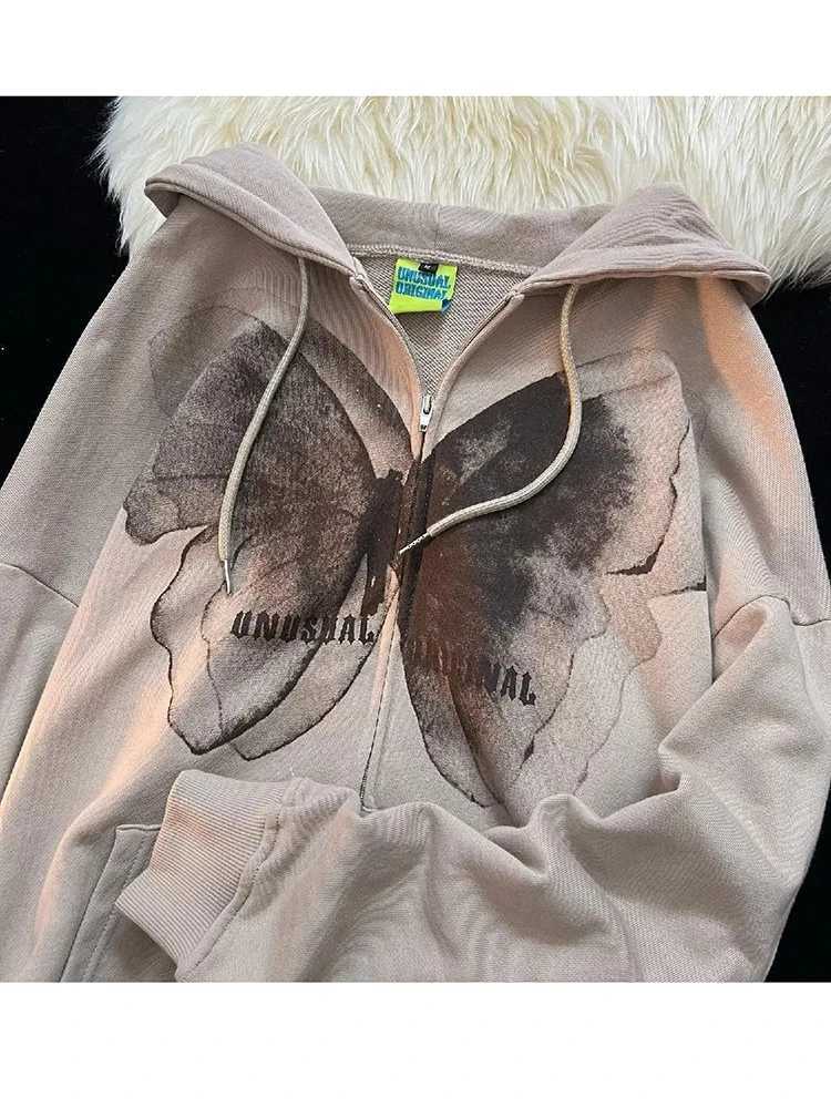 Women Vintage Butterfly Print Hoodies Retro Harajuku Hip Hop Jacket High Street Hoodie Casual Loose Sweatshirt Clothes Y2K Tops W250117