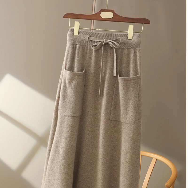 Autumn And Winter100 Pure Wool Skirt Womens Long Pocket Small A High Waist Slim Cashmere Knit ALine 250121