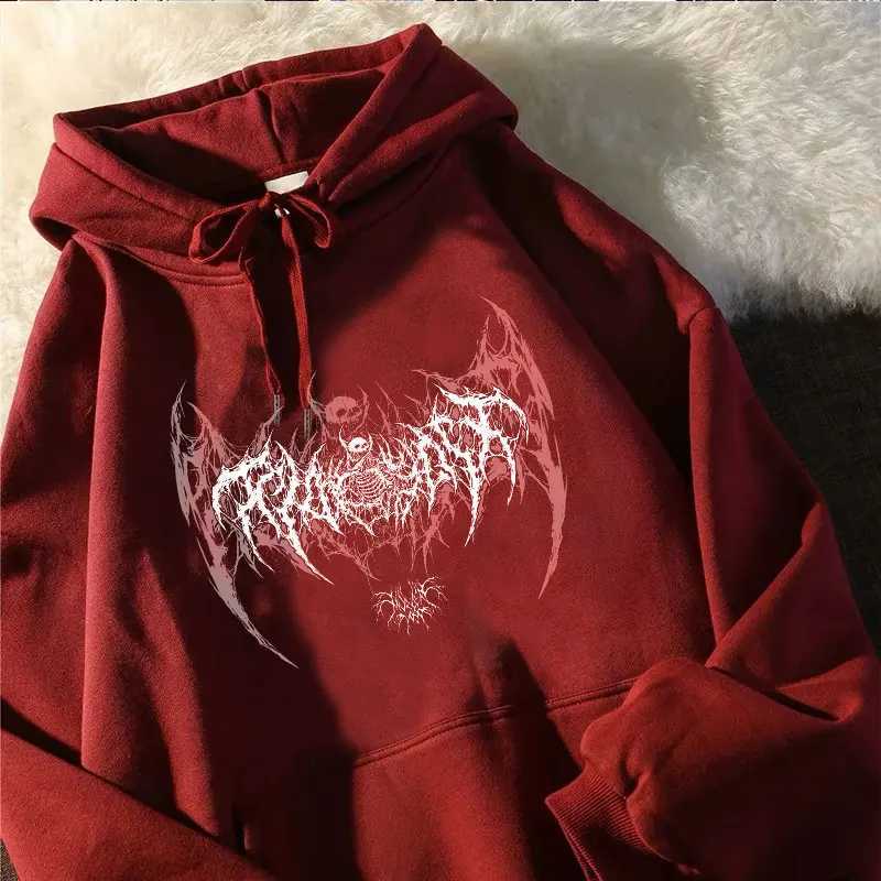 Long-sleeved Casual Punk Style Womens Hoodie Skull Top Gothic Deep Black 2024 Loose Ulzzang Fashion Sweatshirt W250117