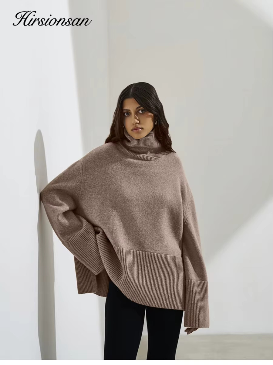Hirsionsan Chic Turtle Neck Autumn Winter Sweater Women Soft Warm Basic Knitted Split Pullover Loose Casual Female Jumper