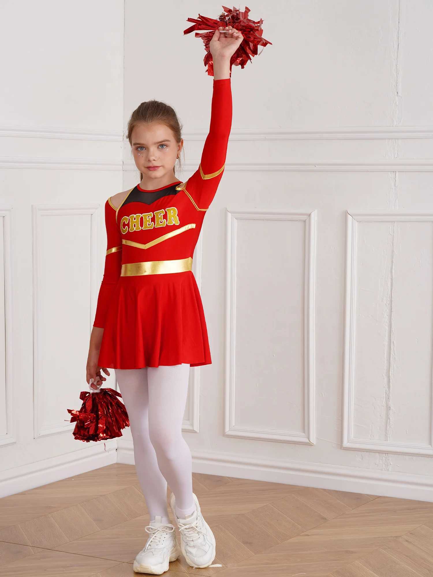 Kids Cheer Dance Outfits School Girls Cheerleading Uniforms Children Long Sleeve Leotard Dress with Hand Flowers for CosplayW250121