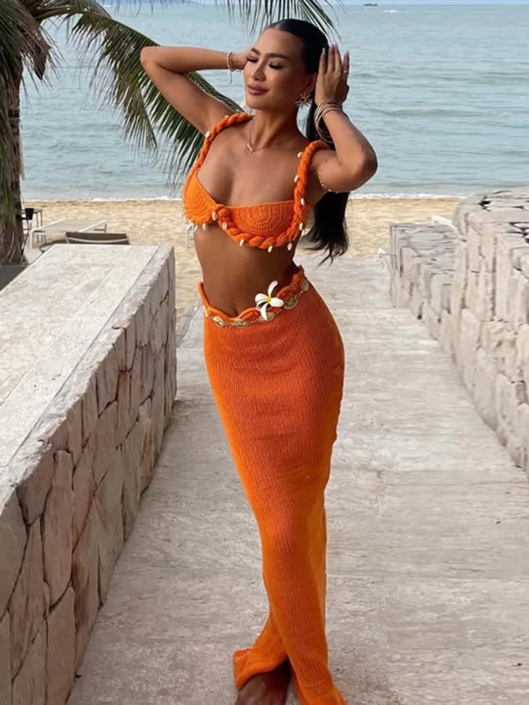 Knitted Bra Top Skirt Sets Women Shell Twist Strap Sleeveless Backless Corset Long Skirts Suits Female 2 Pieces Seaside Vacation 250122
