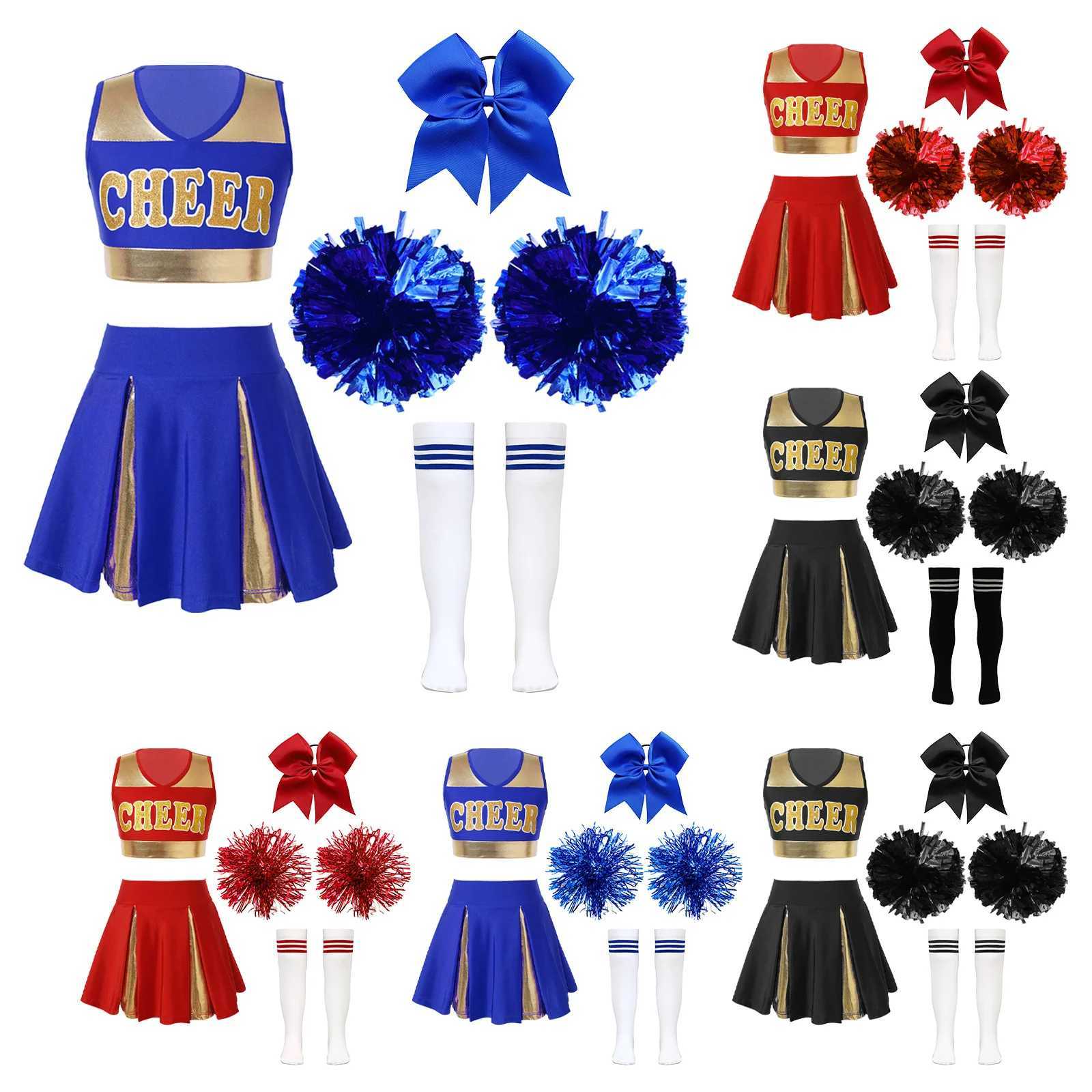Kids Girls Cheer Leader Halloween Performance Uniform Costume High School Crop Top Pleated Skirt Set Cheerleading Cosplay OutfitW250121
