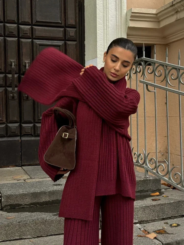Elegant Loose Lady Burgundy Knit Pullover Pants Suits Fashion Scarf Collar Sweater Straight Set Spring Street Outfits 250113