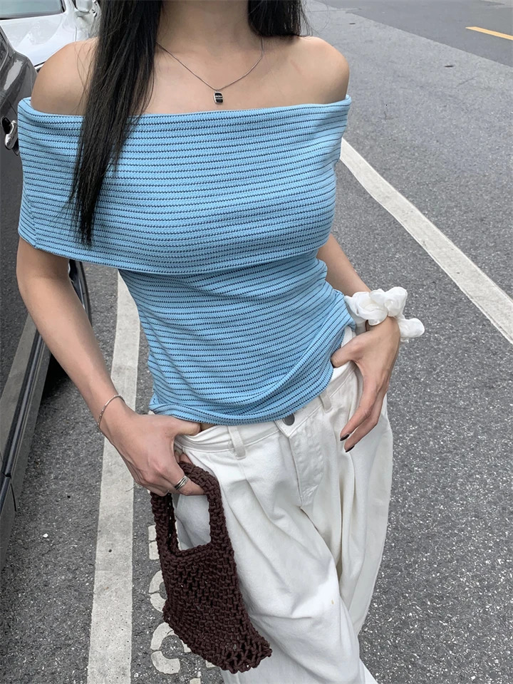 Chic Women Sexy Off Shoulder T-shirt Summer Knitting Stripe Slim Crop Top Y2K Vintage Harajuku White Tee Elegant Female Clothes 250110