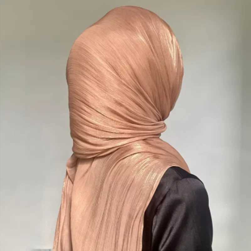 Luxury Plain Shimmer Hijab Silk Wrinkle Scarf Muslim Woman Hijab Shls Islam Woman Long Wrs Femme Headband Pure Lord W250118
