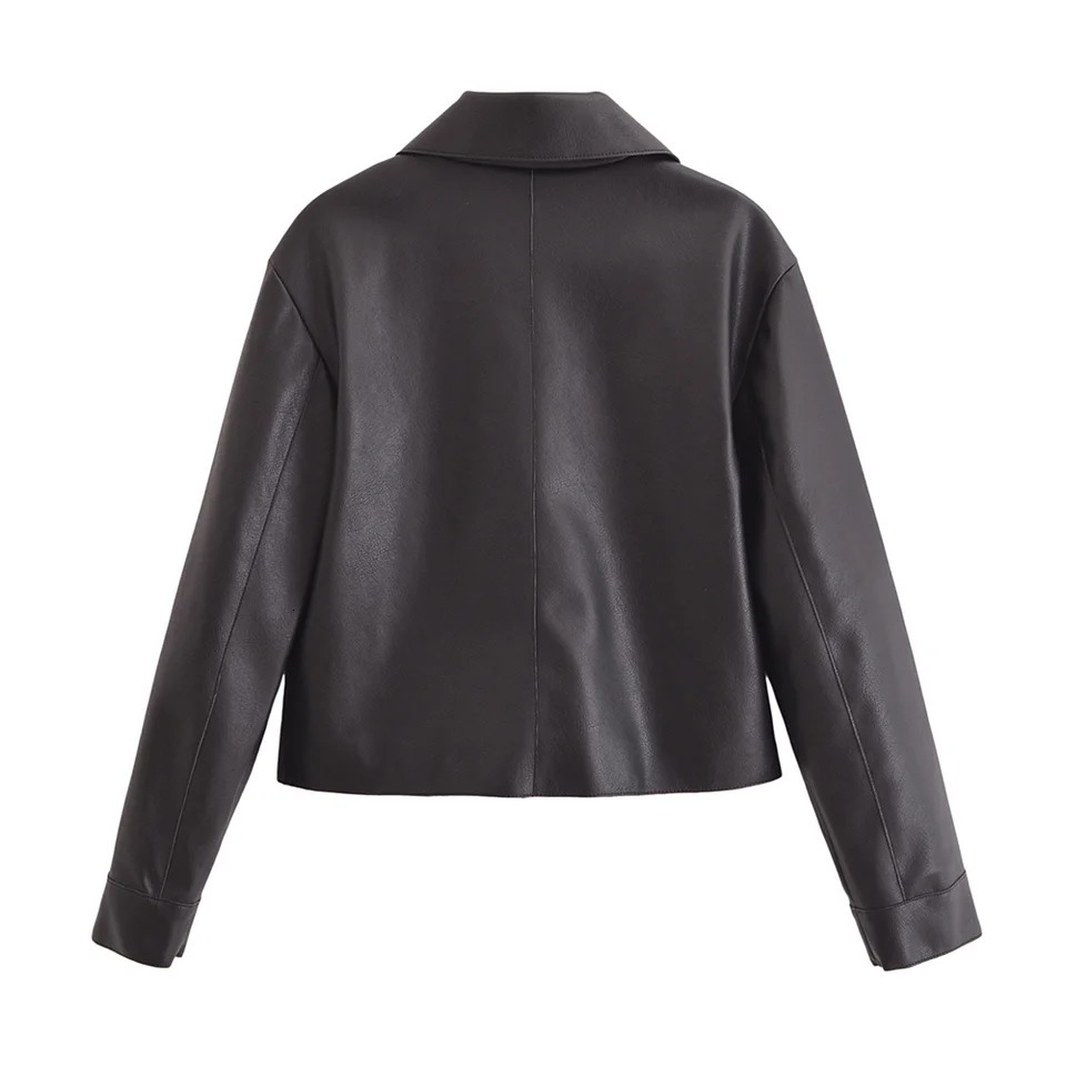 PB ZA Autumn Womens Clothing n Sense Commuting Versatile Look Thin Black Leather Short Long Sleeve Jacket 250122