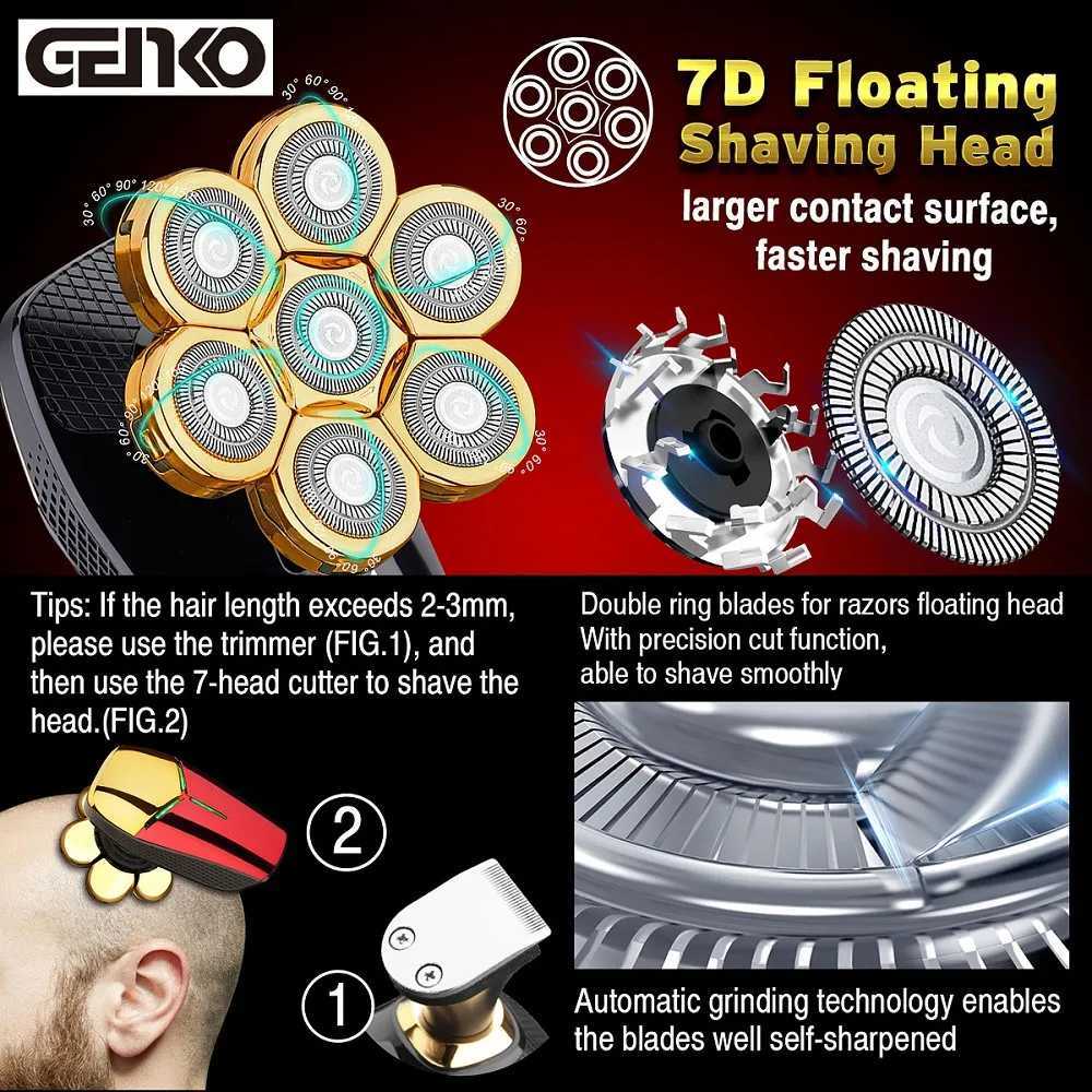 GENKO 5 In 1 7D Mens Rechargeable Bald Head Electric Shaver 7 Floating Heads Beard Nose Ear Hair Trimmer Razor Clipper Facial BW250117