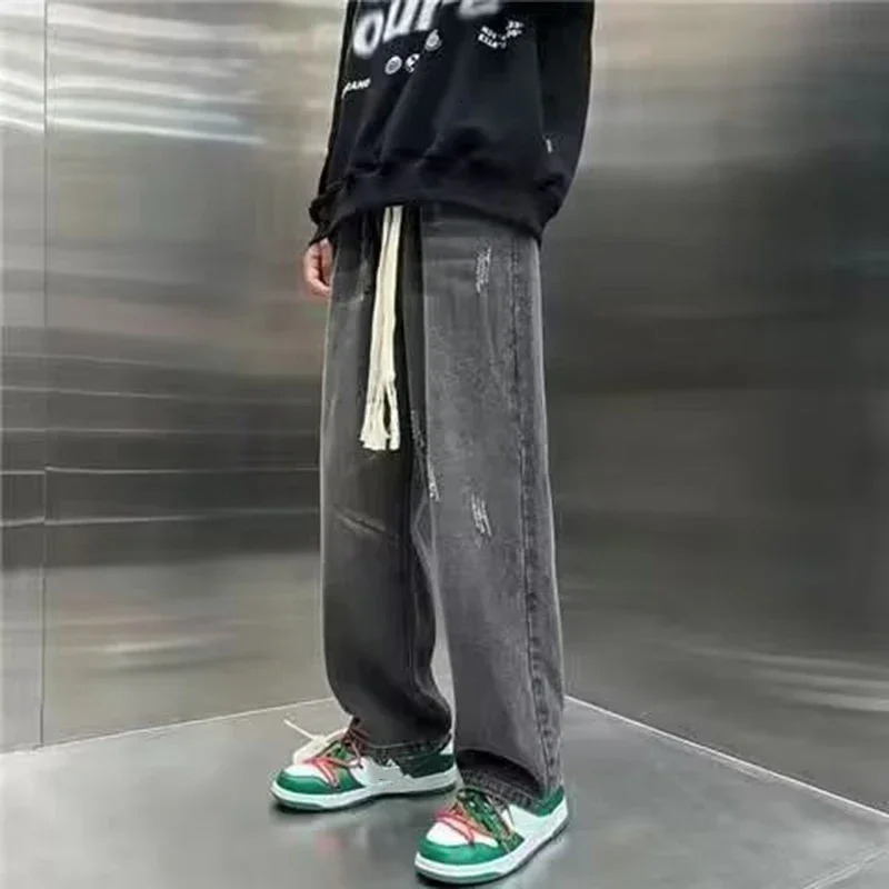 Mens Fashion Versatile Wide Leg Denim Pants Korean Concise Style Streetwear Trousers Lace Up n Straight Casual Jeans Male 250121