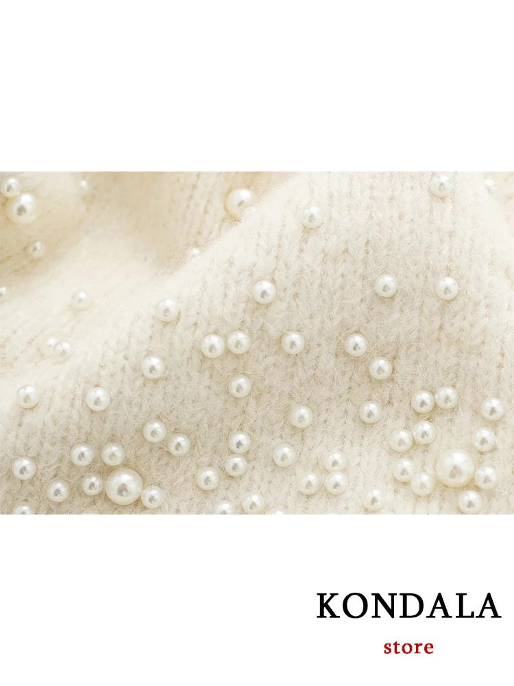 KONDALA Vintage Knitted Pearl Women Suits Long Sleeve O Neck Thick SweaterHigh Waist Knit Skirts Fashion 2025 Elegant Set 250122