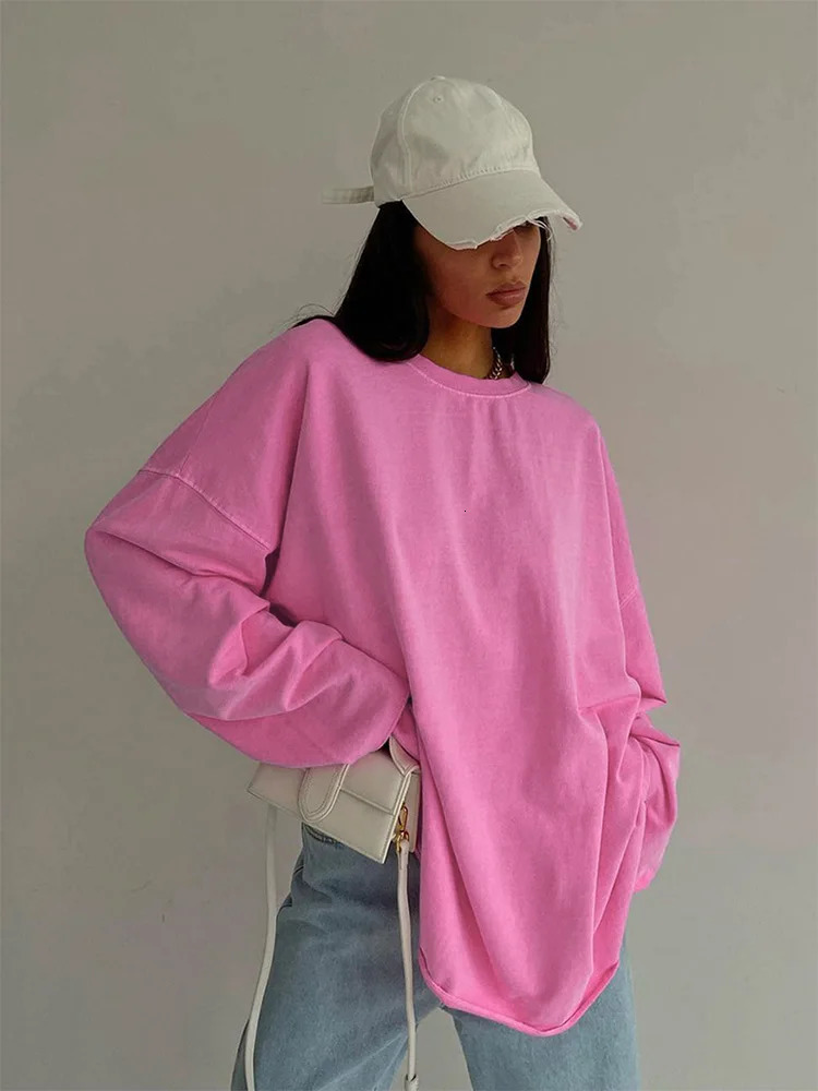 Pink Tee Shirts Streetwear Round Neck Long Sleeve Casual Pullover Tops Women Autumn Thin T-Shirts Lady 250113