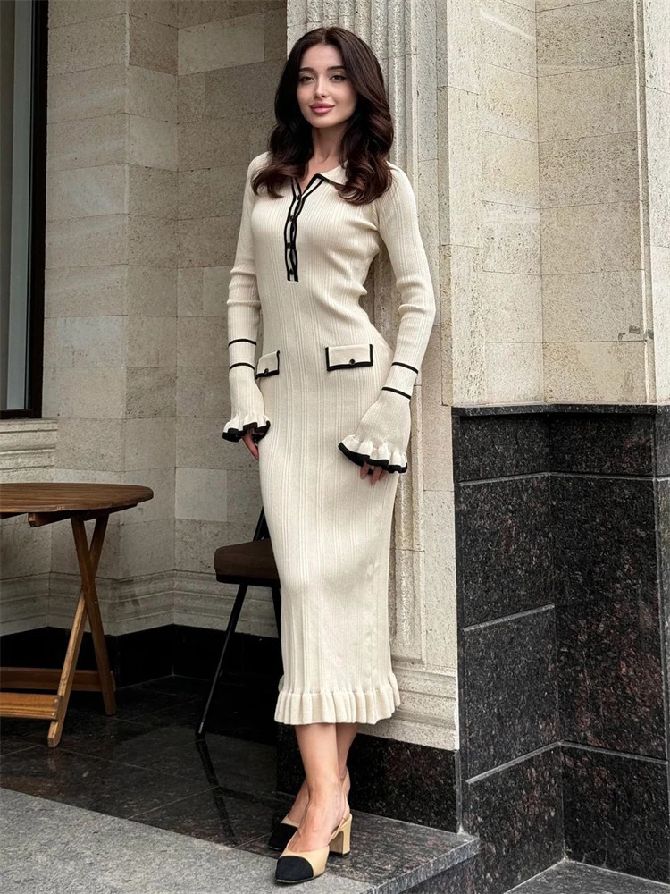 Tossy Ruffled Fashion Knit Dress Women Autumn Ribbed Contrast Long Sleeve High Waist Lapel Gown Dress Knitwear Ladies Maxi Dress 250113