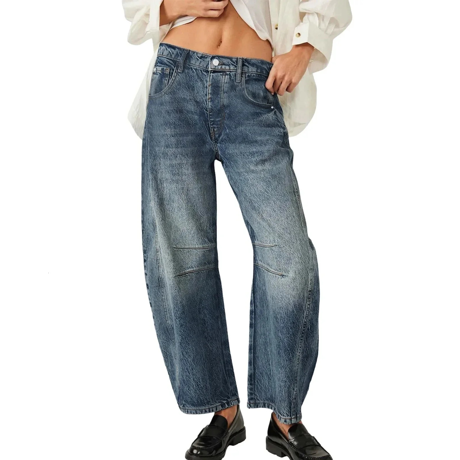 High Stretch MidRise Jeans Fashion Wide Leg Shape Women Casual Baggy Mid Waist Denim 250108