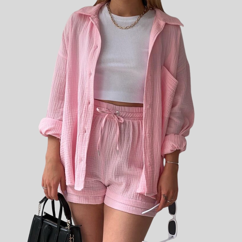 European and American women's clothing two-piece set wrinkled cloth lapel collar long-sleeved shirt high waist drawstring shorts large size fashi