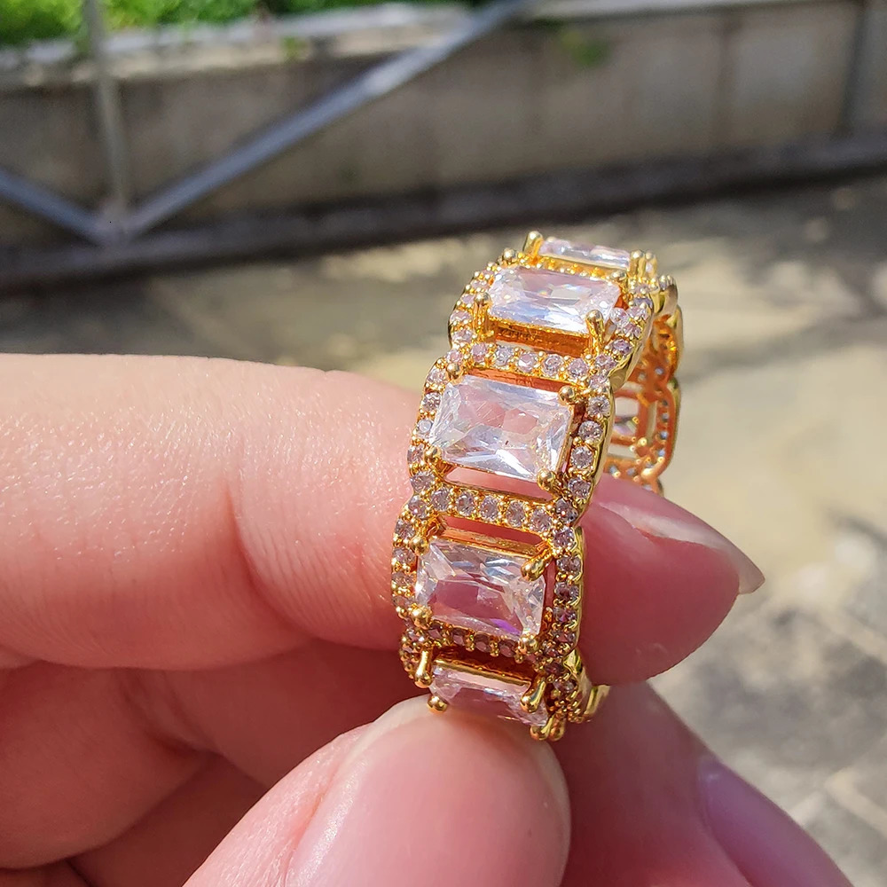 Hip Hop Jewelry Silver Gold Color Cluster Rectangle Cubic Zirconia Love Ring Princess Cut Stackable Tennis Rings for Men Women 250121