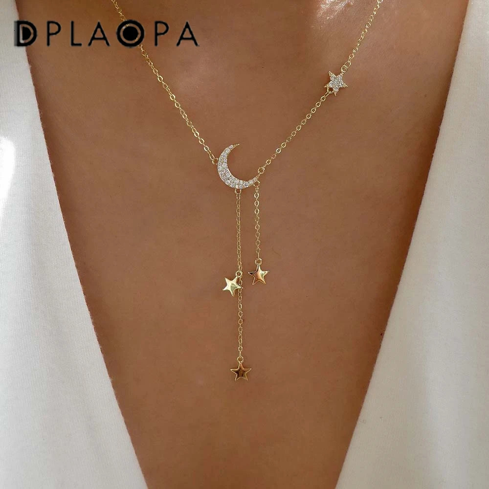 DPLAOPA 925 Sterling Silver Moon Drop Chain Star Moon Pendant Long Chain Fine Jewelry Crystal Jewels 250117