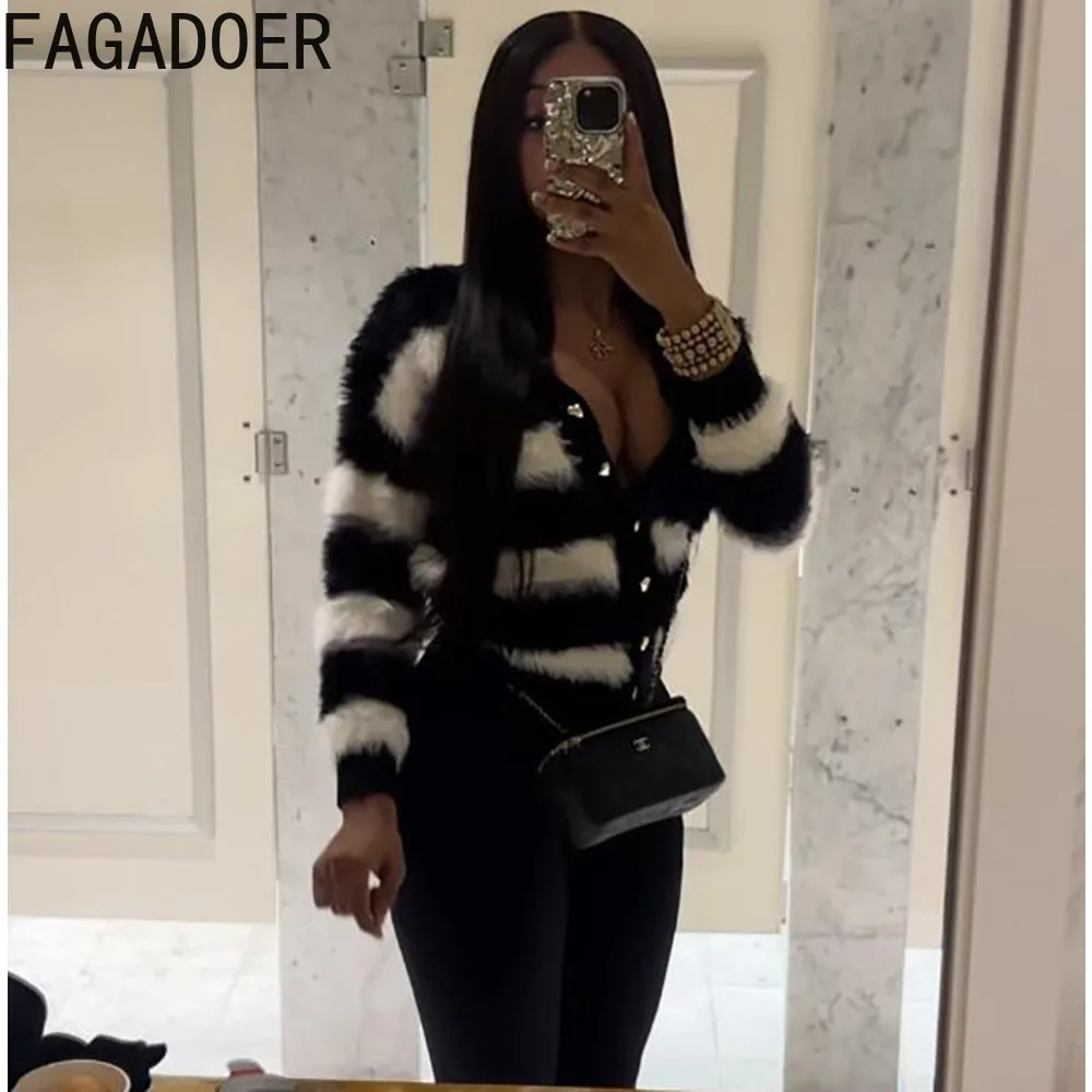 FAGADOER black and white striped printed casual knitted top for women V-neck button up long sleeved cardigan spring ultra-thin streetwear 250122