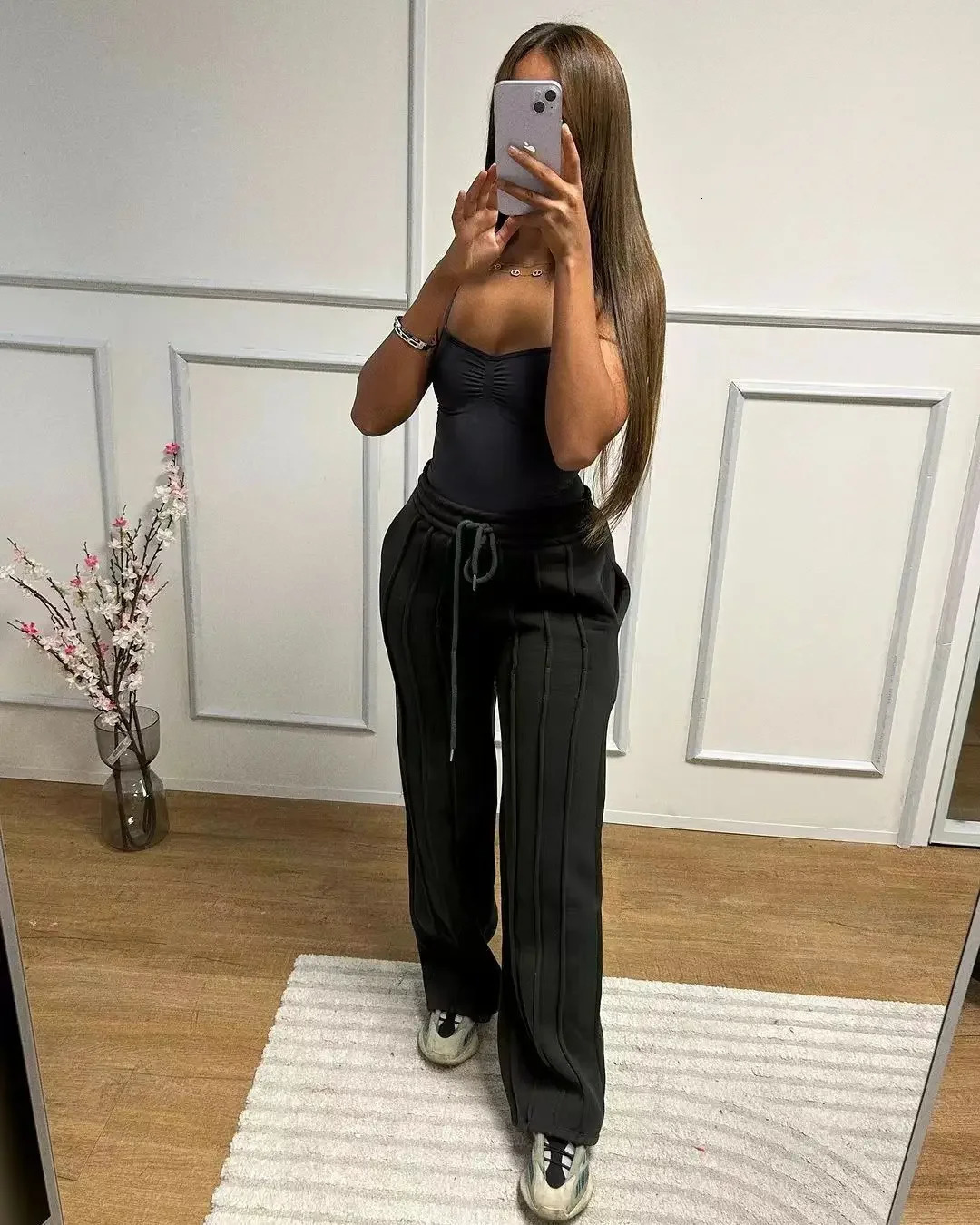 Women Striped Ribbon Straight Wide Leg Pants Fashion Summer Drawstring Street INS Casual Jogger Safari Trousers 250117