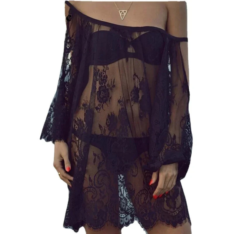 Women Summer Lace Crochet Bikini Cover Up Bathing Suit Off Shoulder White Black Pure Color Loose Beach Dres Swimwear 250120