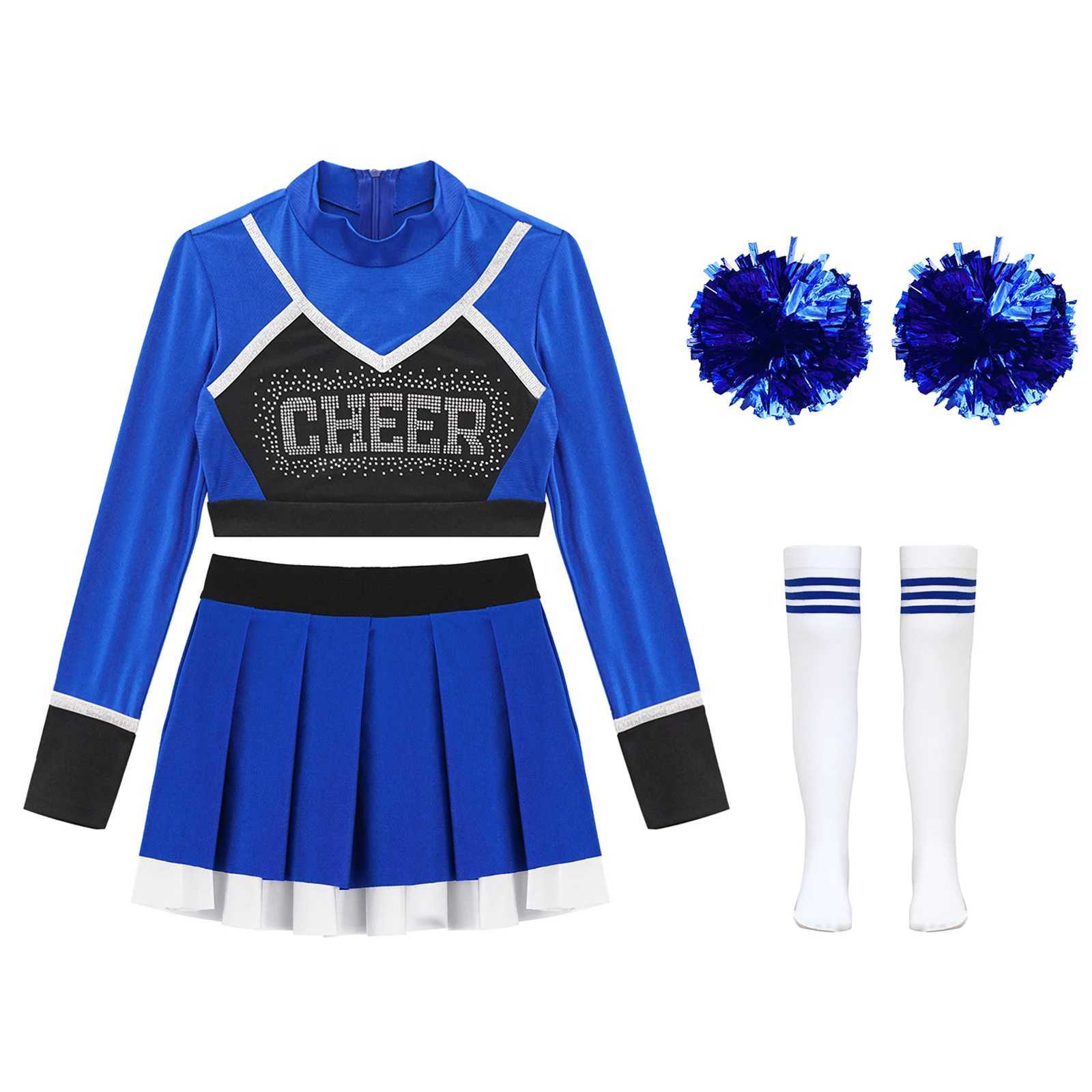 Kid Girls Cheerleading Uniform Cheerlead Dance Outfit Crop Top Pleated Skirt Flower Balls Socks for Cheering Team Dancewear SetsW250121