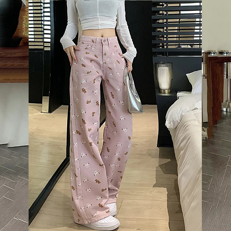 White pants baggy jeans women denim clothing slouchy full length high waisted Summer Printed 250122