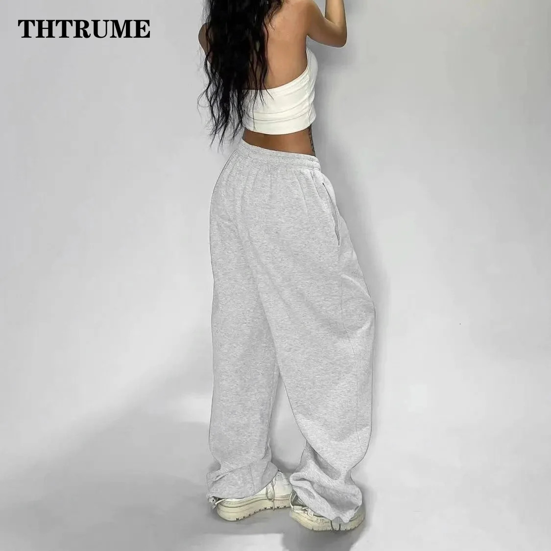 Casual Women Solid Pant Fashion Summer Oversized Vintage Pocket Drawstring Wide Leg Pants Elegant Loose Baggy Chic Trousers 250122