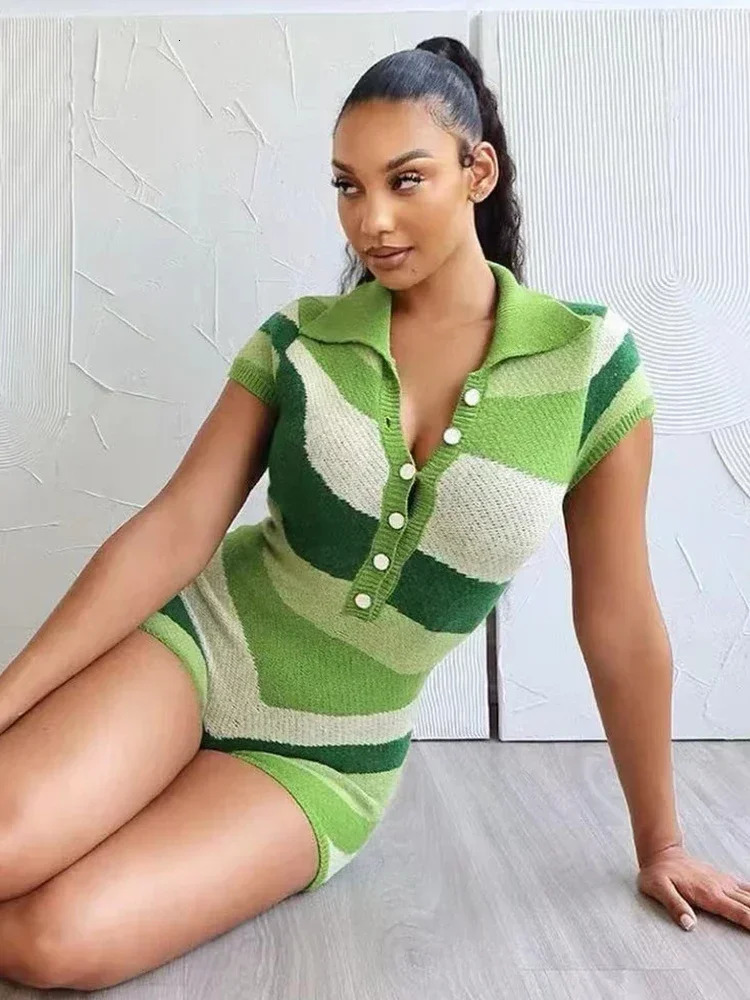 Laxsesu Irregular Contrast Romper Women Knit Stretch Polo Neck Single-Breasted Shorts Sleeve Skinny Slim Playsuits Streetwear 250107