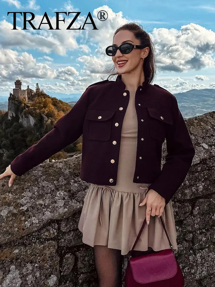 TRAFZA Female Fashion Burgundy Jacket Long Sleeves Short Cardigan Top Woman Pockets Outerwear Streetwear Womens In Coat 250122
