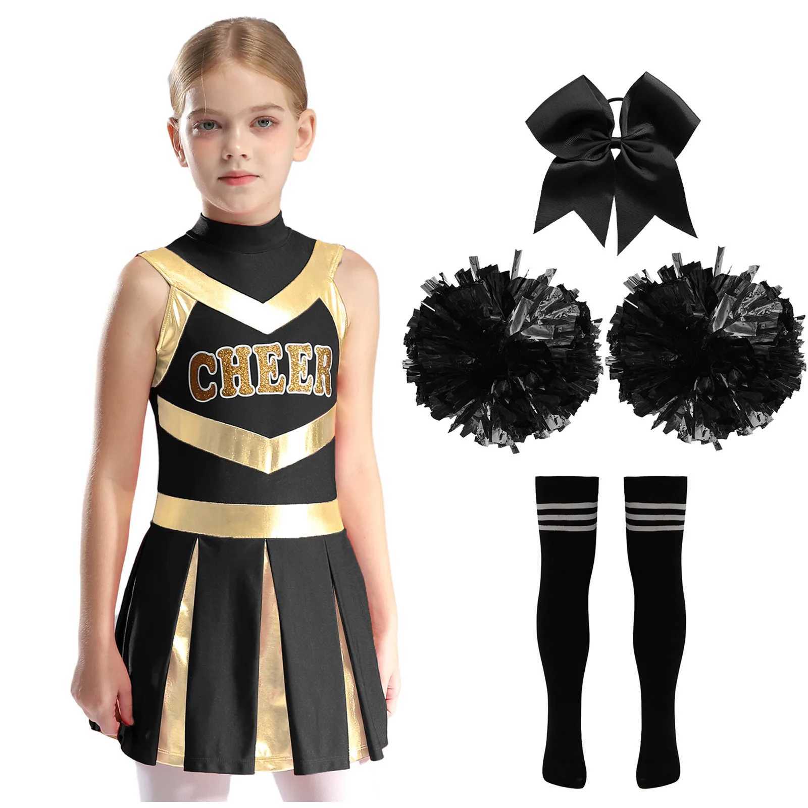 Kids Cheer Dance Outfit Girls Letter Print Pleated Dress Headwear Flower Balls Socks Cheerleader Costume Cheerleading UniformW250121