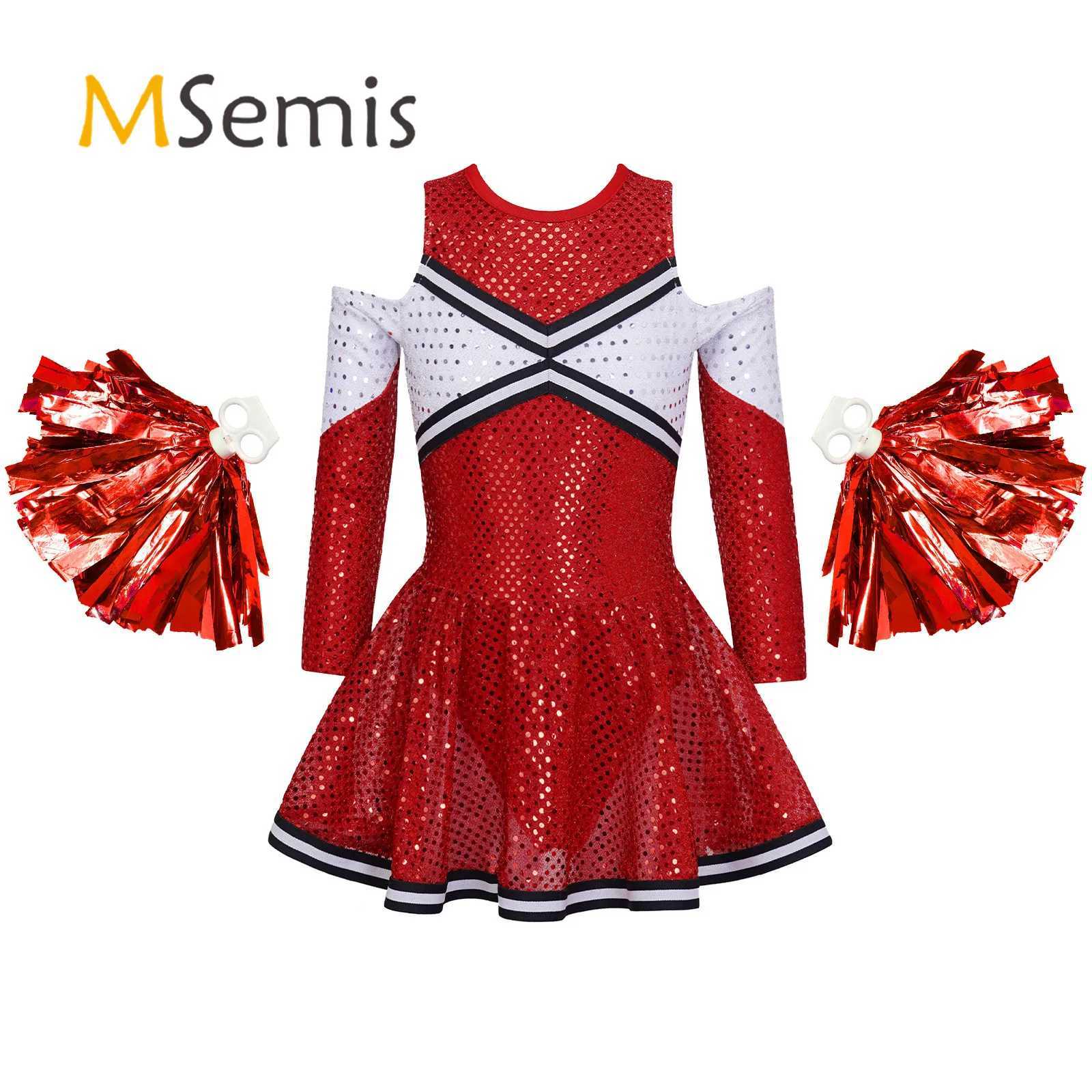 Kids Girls Cheerleading Uniform Long Sleeve Round Neckline Sequin Dress with Pair Tassel Flower Balls Set Cheer Dance CostumeW250121