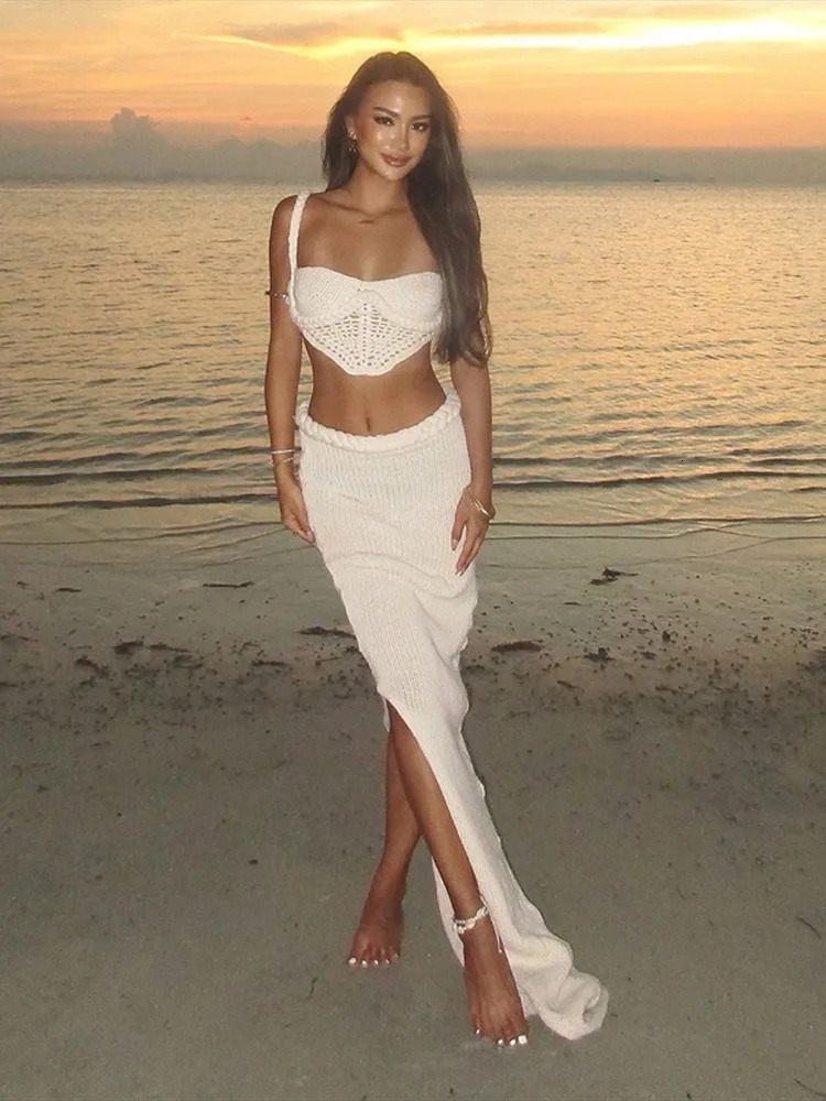 Sexy Knitted Sling Top Long Skirt Womans Set Retro Solid Hollow Out Lace Up Tube Tops High Waist Skirts Sets Lady Beach Holiday 250120