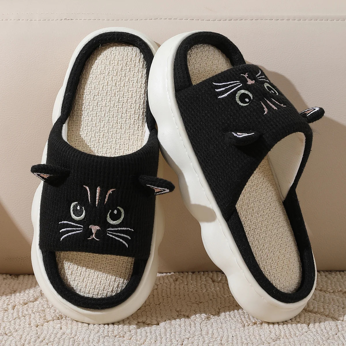 Kidmi Cute kitty Women Slippers Fashion Breathable Indoor House Sweatabsorbing Linen Antiskid Casual 250117