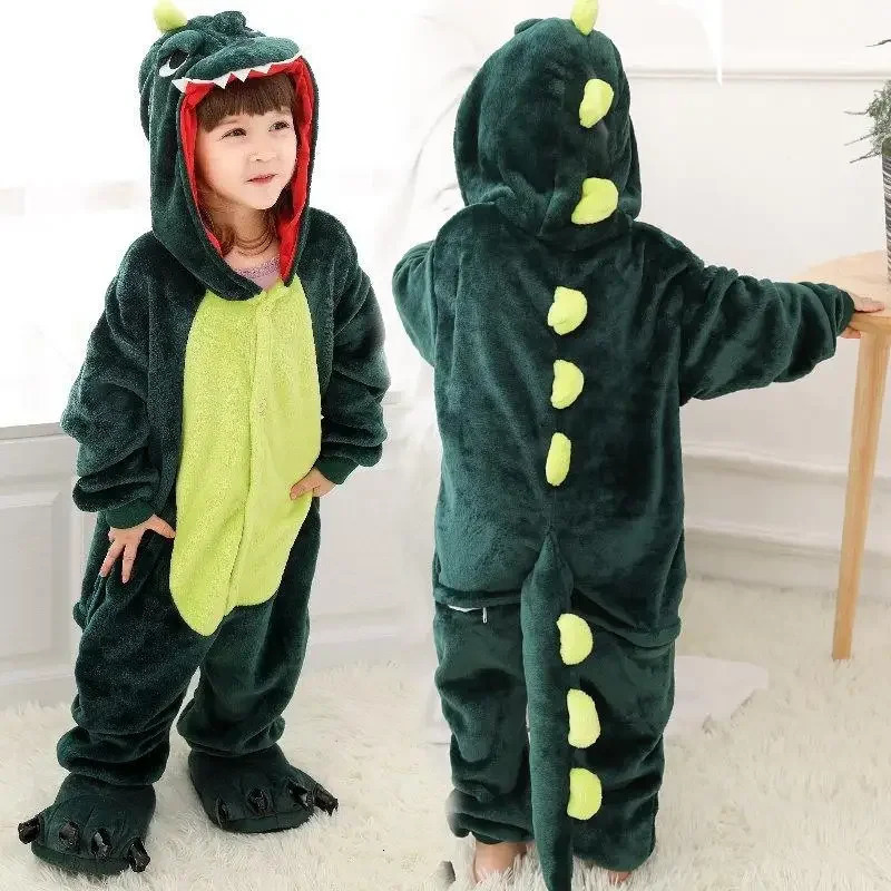 Kids Onesies Boys Girls Green Dinosaur Pajamas Flannel Sleepwear Nightwear Animal Cosplay Costume Halloween Party Funny Outfits 250114