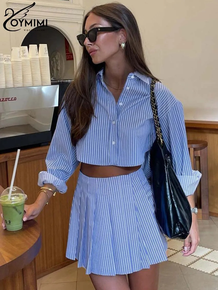 Oymimi Elegant Blue Striped Print Sets For Women 2 Pieces Fashion Long Sleeve Button Crop Tops And High Waist Pleated Skirts Set 250122