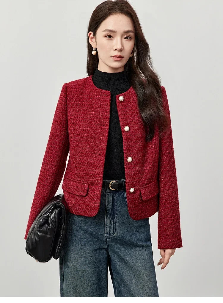 SENTUBILA Womens Tweed Jackets Spring Winter Long Sleeve Short Coat Commute O Neck Single Breasted Outerwear 143W58355 250122