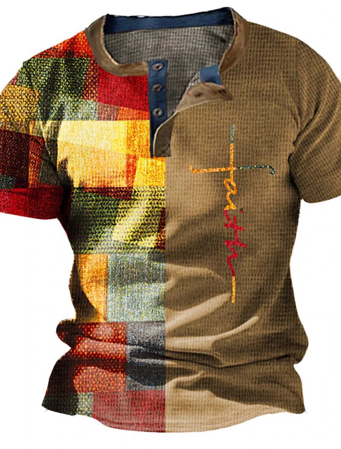 Summer retro mens shirt cross print short sleeved casual V-neck button oversized mens patch work T-shirt flat top streetwear W250117