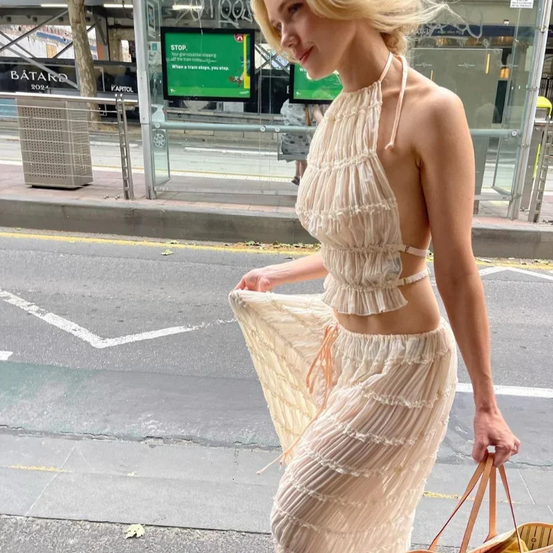 Fashion Halter Neck Long Skirt Suit Women Backless Sling Top Lace Up Fold Maxi Skirts Summer Female 2 Piece Set Outfits 250113