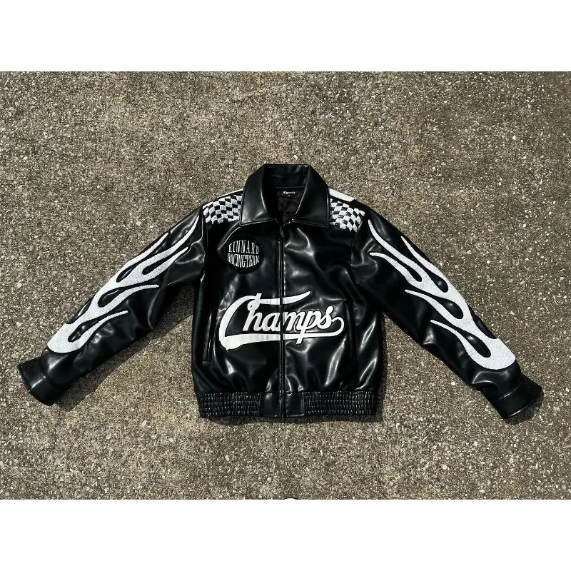 American Hip Hop PU Leather Flame Racing Element Embroidery Zipper Jacket Men Clothes Y2k Autumn Winter Fashion Couple Coat 250120
