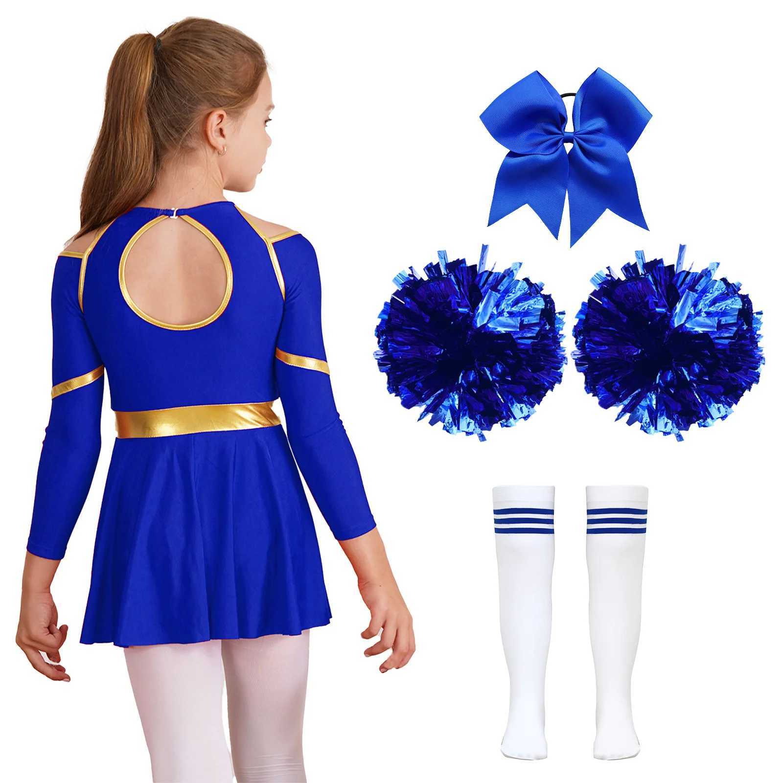 Kids Girls Cheerleading Costumes Uniform Long Sleeves Dance Dress with Hand Flowers Headwear Striped Socks for Stage Performance W250117