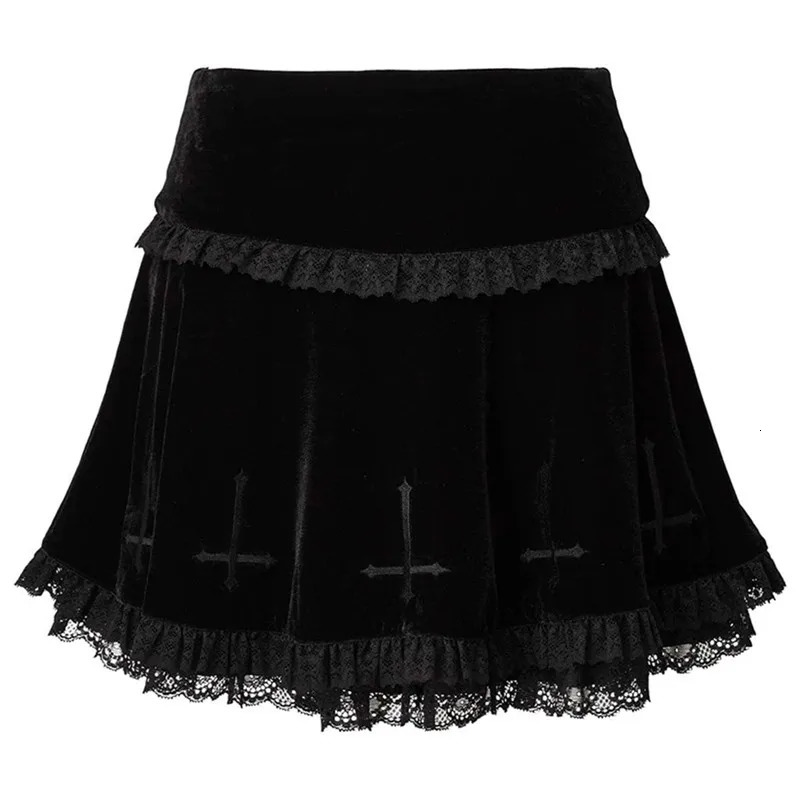 Lamuusaa Punk Gothic Skirt 2000 Black Dark Academia Cross Print High Waist Pleated Aline y2k Vintage Lace Skirts 250110Z