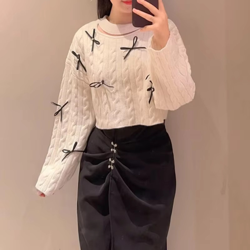 Long Sleeve Loose Women Knitted Tops Autumn 2024 Female Sweet Hollow Out Pullovers Bow All-Match Sweater