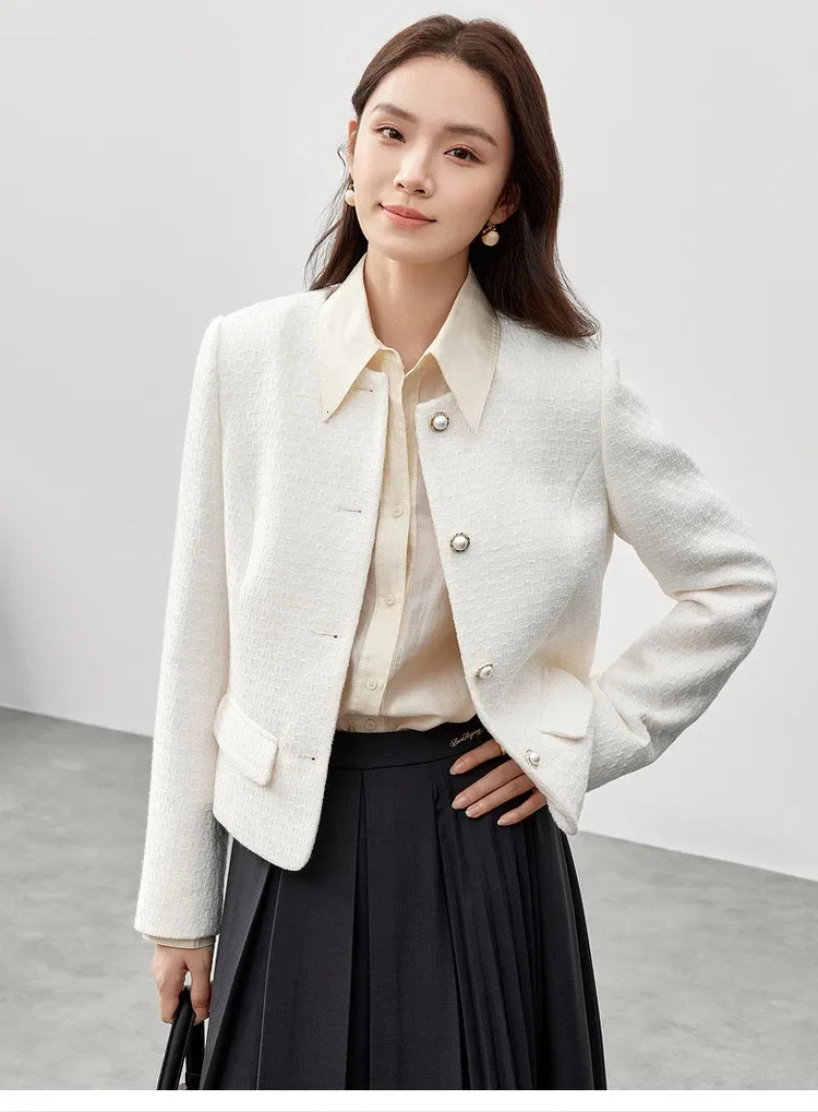 SENTUBILA Womens Tweed Jackets Spring Winter Long Sleeve Short Coat Commute O Neck Single Breasted Outerwear 143W58355 250122