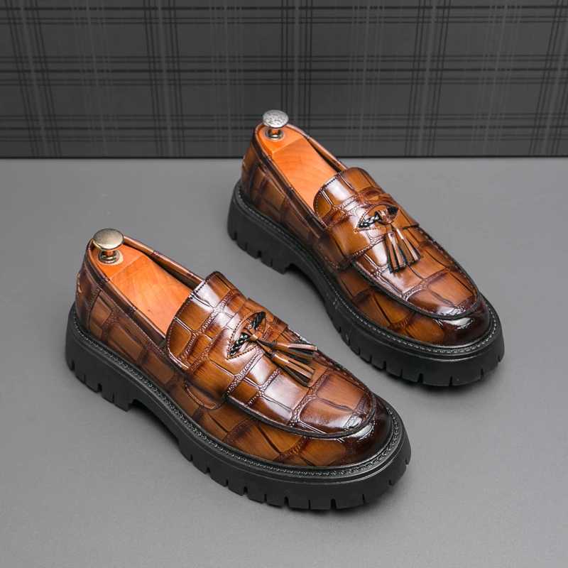Business Tassel Loafers Shoes Slip Casual Thick Bottom Leather Black Dress Party Shoes Boat Loafers For Man FiXJ250118