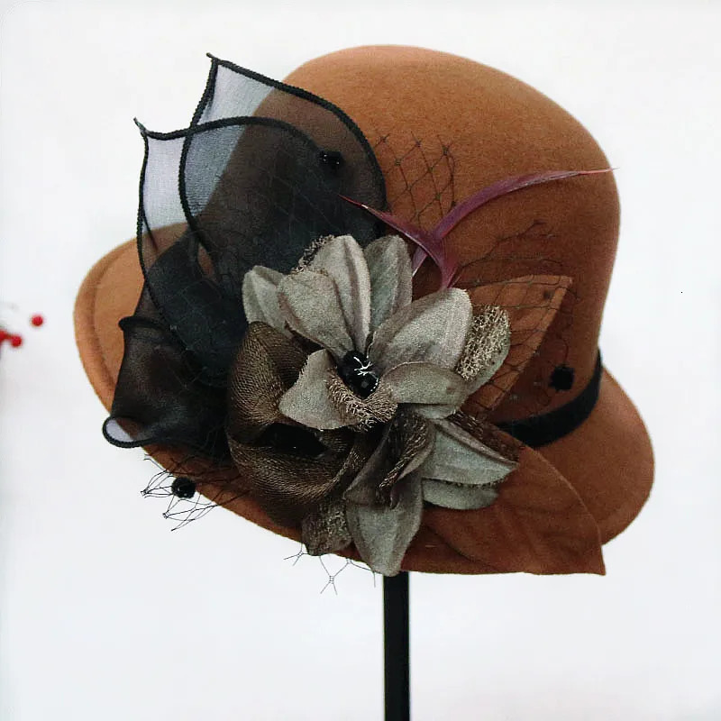 Autumn Winter Wool Women Elegant Church Hat Ball Ribbon Solid Color Ladies Jazz Cap Female Bow Bowler Wedding Ceremony 250118