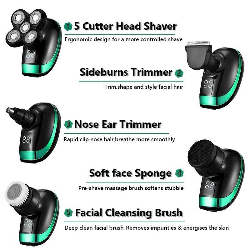 5-in-1 4D Mens Rechargeable Bald Electric Shaver with 5 Floating Head Beards Nose and Ear Trimming Shaver Face Trimming BrushW250117