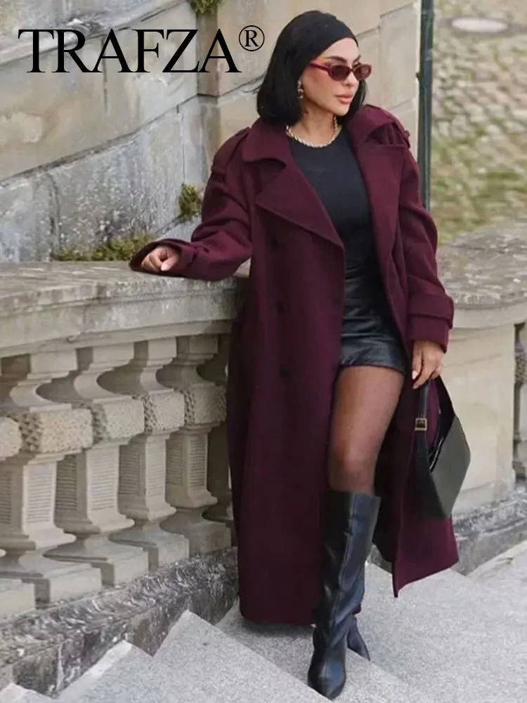 TRAFZA Women Elegant Burgundy Oversize Lapel Coat Belt Wool Blend Double Breasted Long Sleeve Jacket 2024 Autumn Commute Outwear 250110