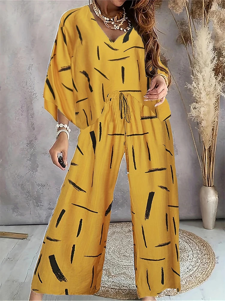 Plus size fashionable womens summer loose printed long sleeved top with pockets mens countryside twopiece set 250122