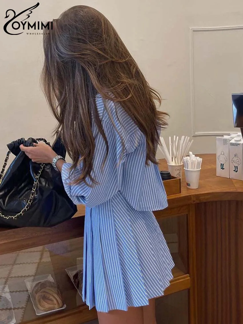 Oymimi Elegant Blue Striped Print Sets For Women 2 Pieces Fashion Long Sleeve Button Crop Tops And High Waist Pleated Skirts Set 250122